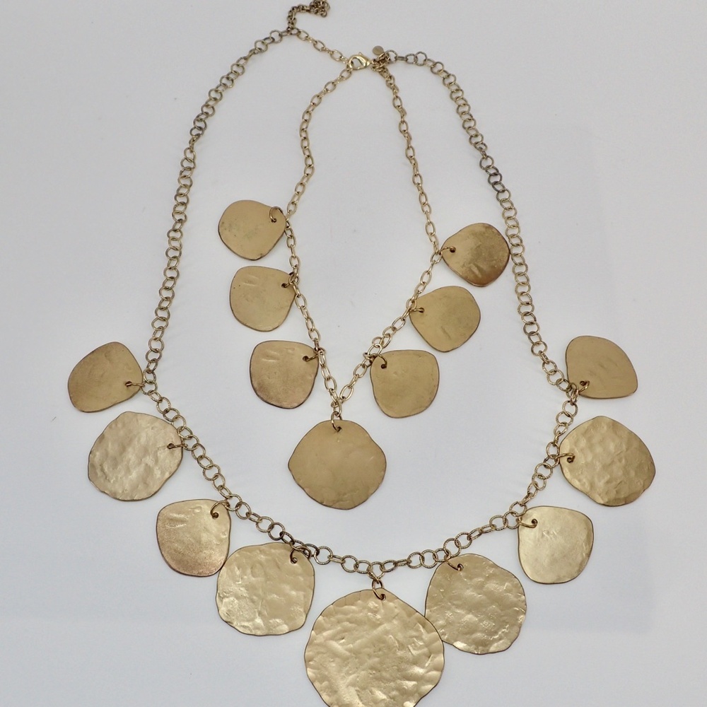 Gold Chain Statement Double Strand Stamped Leaf Necklace  26" Long w/ 16" Drop